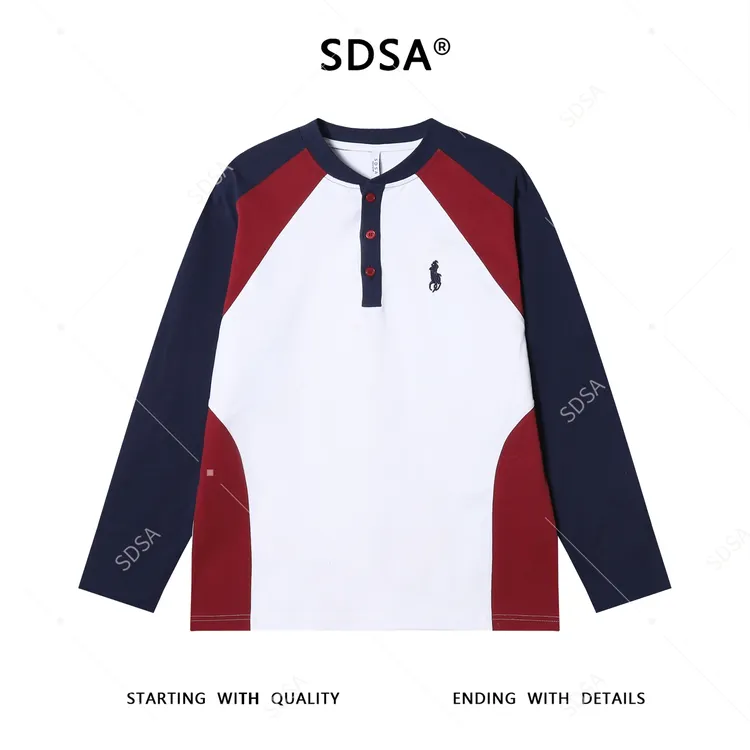 SDSA男士秋冬新款痞帅男装拼接刺绣标半纽扣圆领长袖T恤百搭宽松