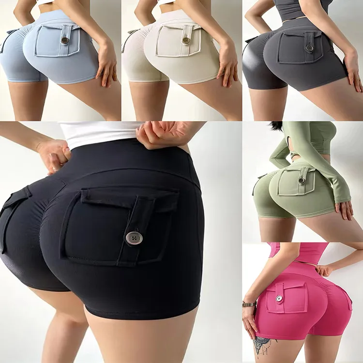 高腰蜜桃臀健身短裤女紧身带口袋裸感运动跑步训练速干提臀三分裤