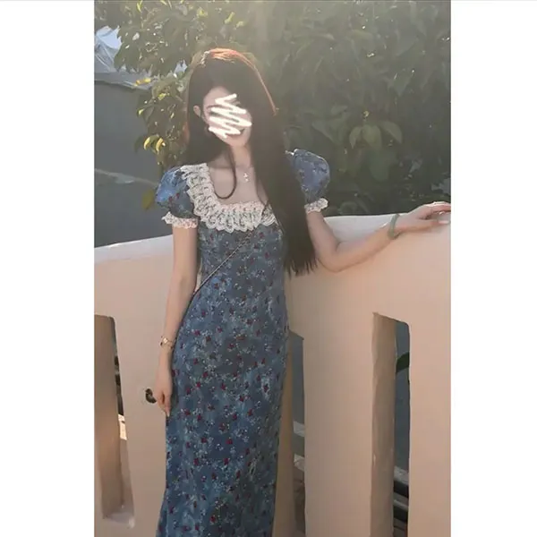 连衣裙女2025夏季新款法式气质泡泡袖花边收腰显瘦中长款碎花裙子