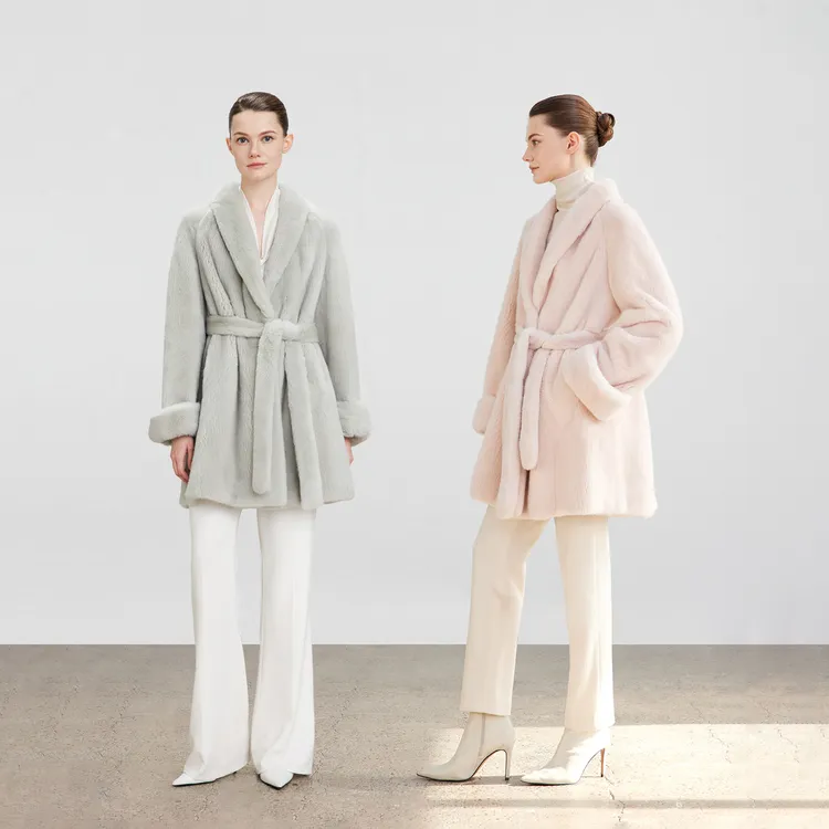 QIQIFUR 樱花粉青果领中长款水貂皮草大衣女新款冬轻奢貂皮外套