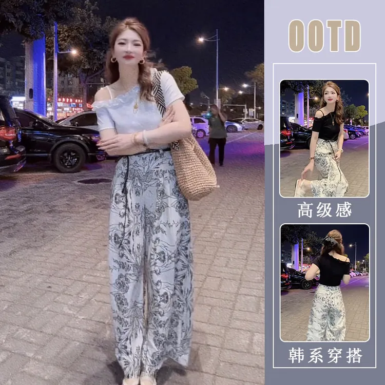 2025夏季新款甜美风木耳边斜肩短袖t恤女上衣高腰印花阔腿裤套装