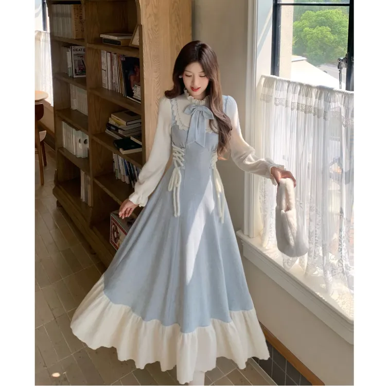 【糖糖】大码女装法式气质温柔绑带收腰连衣裙长裙秋冬13717