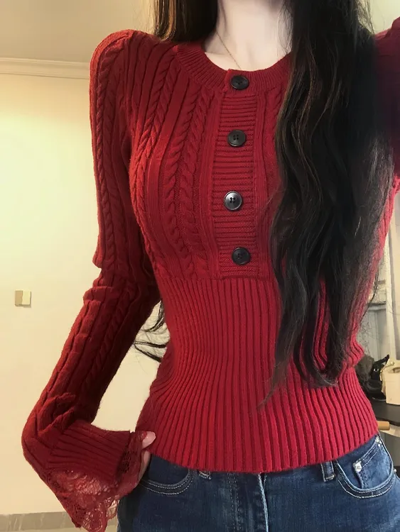 韩系辣妹修身麻花新年红色毛衣女秋冬季高级感内搭打底针织衫上衣