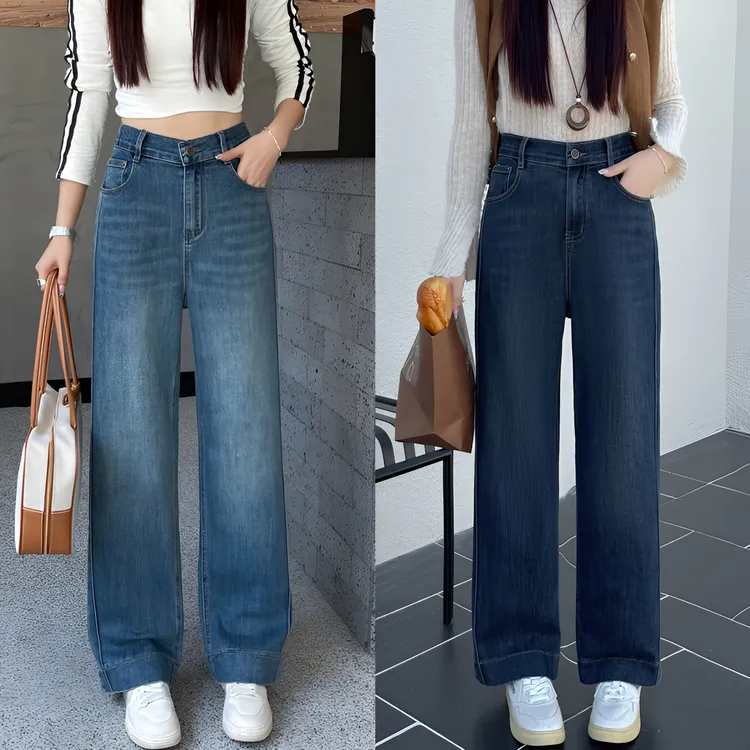 微胖梨型大码女装牛仔裤窄版直筒高腰弹力宽松版2025秋季新款长裤