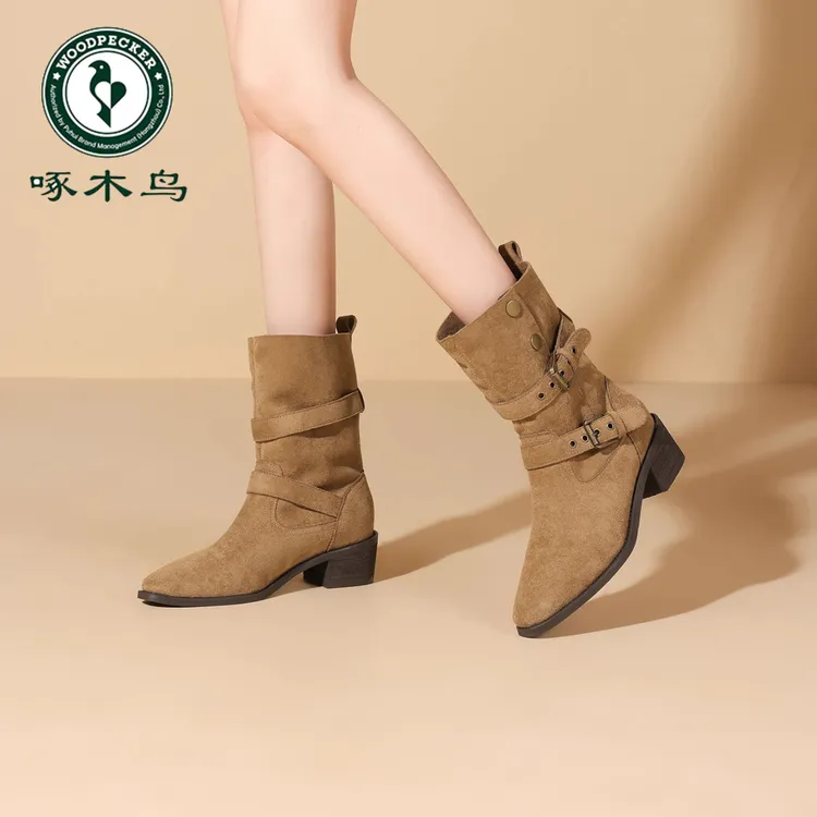 啄木鸟复古西部牛仔骑士靴女秋冬新款美拉德瘦瘦靴百搭粗跟马丁靴