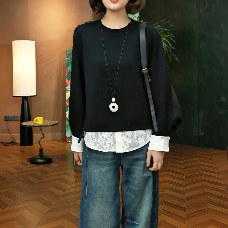 秋季轻奢气质蕾丝圆领长袖假两件卫衣女2025休闲时尚柔软弹性上衣