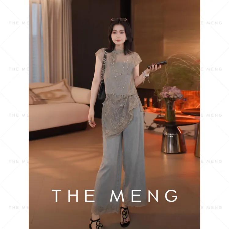 THE MENG【秘语】水溶蕾丝通勤牛仔套装#M252D0533+M252P0534