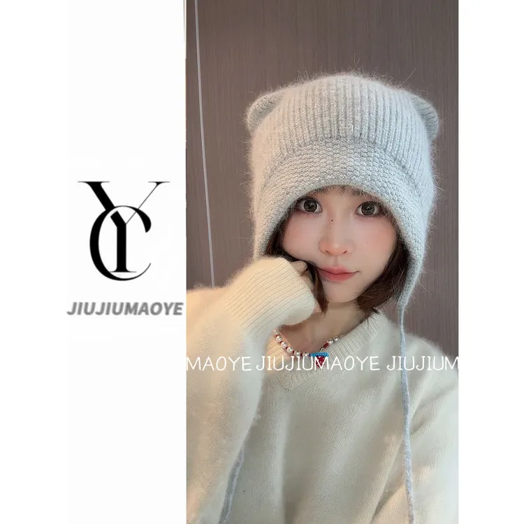 秋冬猫耳朵纯色短檐针织帽帽子秋季宽松流苏