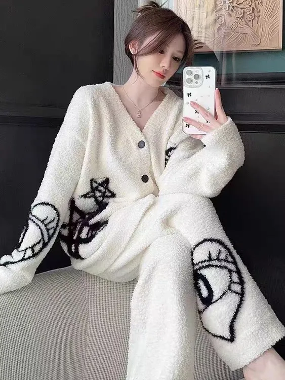 2025爱神之眼爆款秋冬加厚半边绒保暖家居服睡衣加绒女套装可外穿