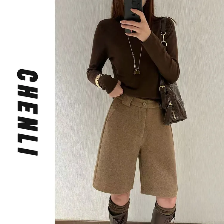 XiANJiE 2025【赫本午后短裤】撞色人字纹毛呢帅气直筒裤短裤