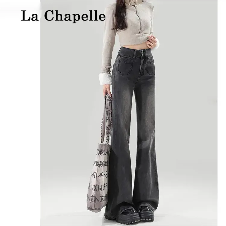 拉夏贝尔黑灰美式微喇牛仔裤女款2025秋冬新款宽松小个子喇叭裤子