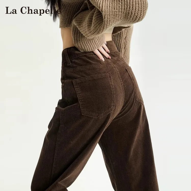拉夏贝尔美拉德咖色灯芯绒裤子女2025秋冬复古条绒休闲窄版阔腿裤