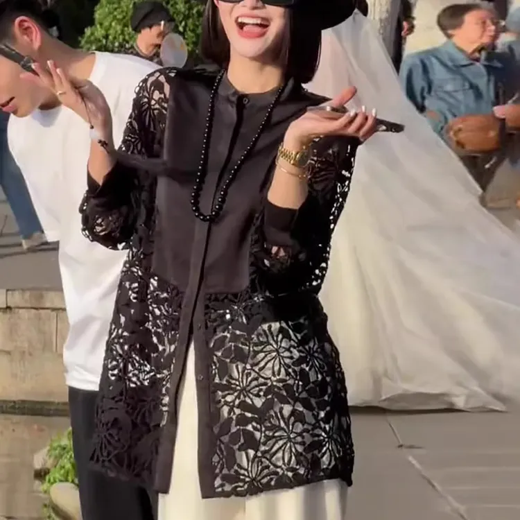 镂空蕾丝衬衫女士秋夏2025宽松型显瘦时尚减龄设计感洋气长袖上衣