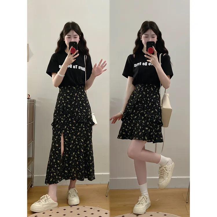 大码女装假两件荷叶边拼接碎花连衣裙夏季新款显瘦开叉长裙