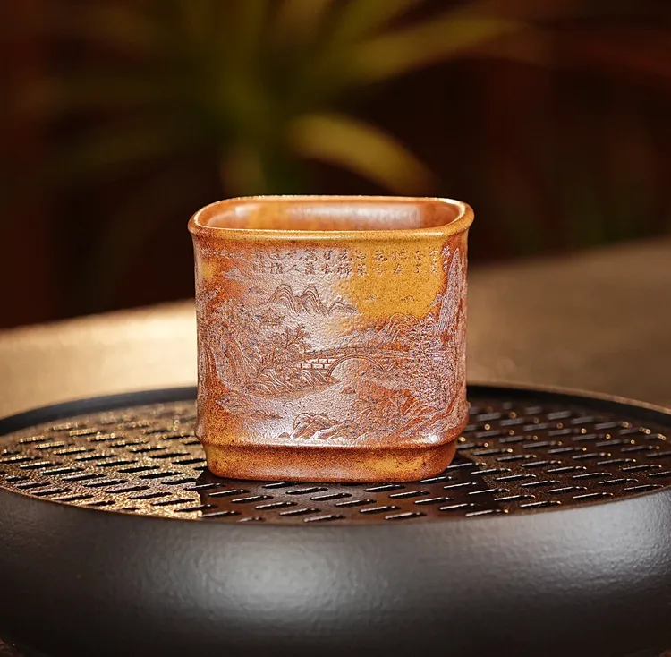 081宜兴原矿紫砂柴烧四方手工刻绘山水复古紫砂主人杯茶杯泡茶杯