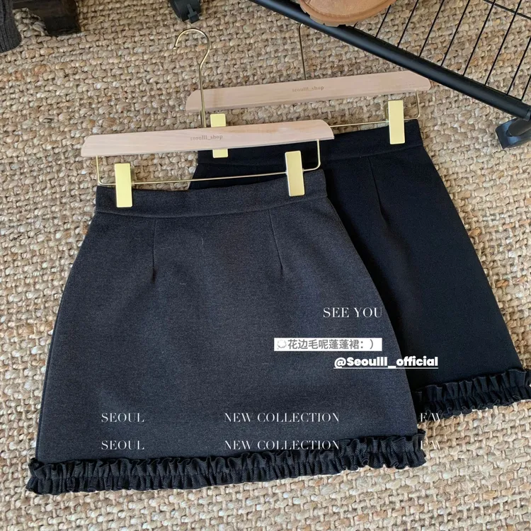毛呢加厚蓬蓬裙短裙秋冬季新款高腰百搭A字裙木耳花边设计半身裙