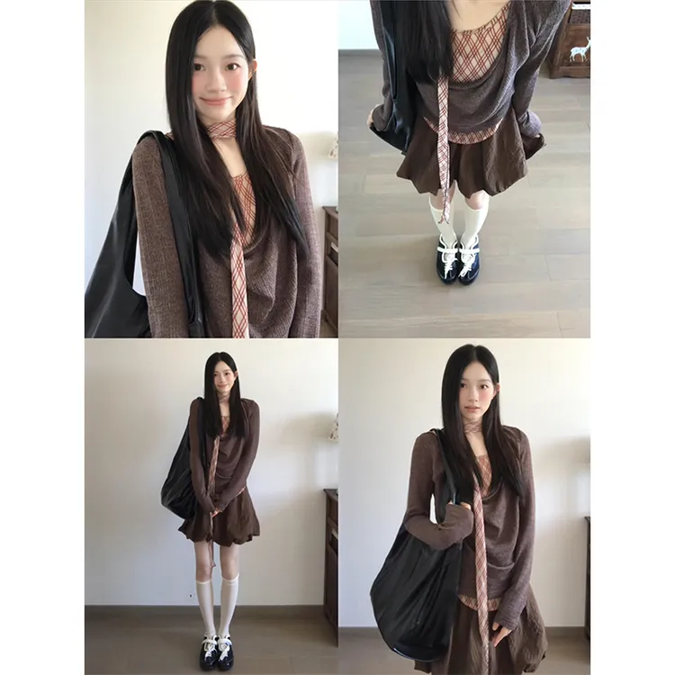 2025新款女士早秋季设计蝴蝶结系带拼接假两件格纹长袖T恤半身裙