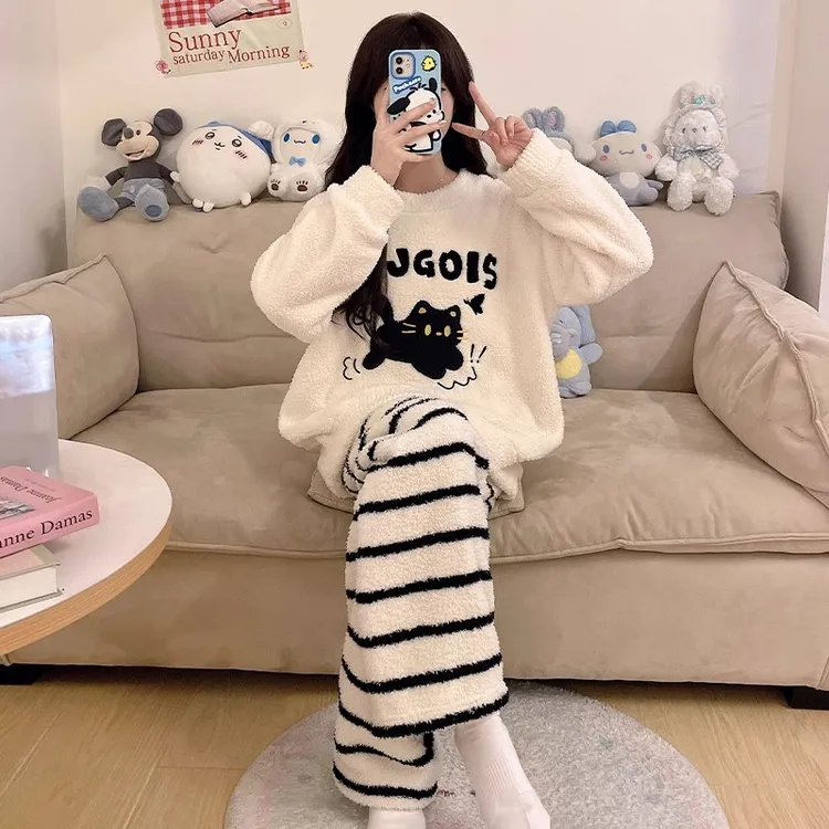 半边绒睡衣女款冬季加厚加绒珊瑚绒可爱小猫学生套装家居服可外穿
