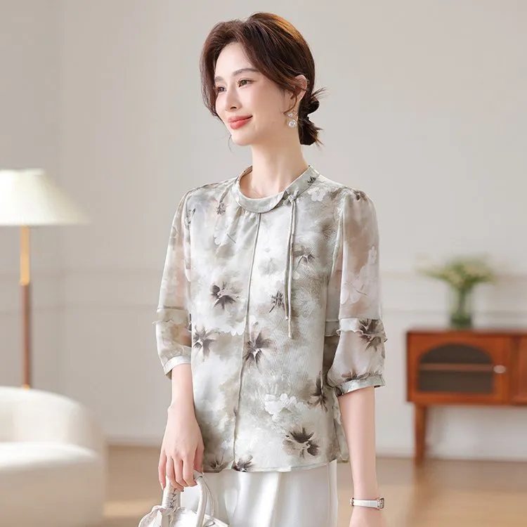 夏装七分袖雪纺衬衫T恤中老年女夏季新中式上衣服薄款母亲节妈妈