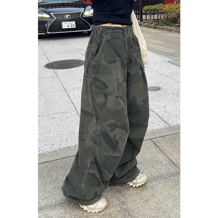多金2025秋季新款迷彩工装阔腿裤女复古设计感显瘦休闲长裤