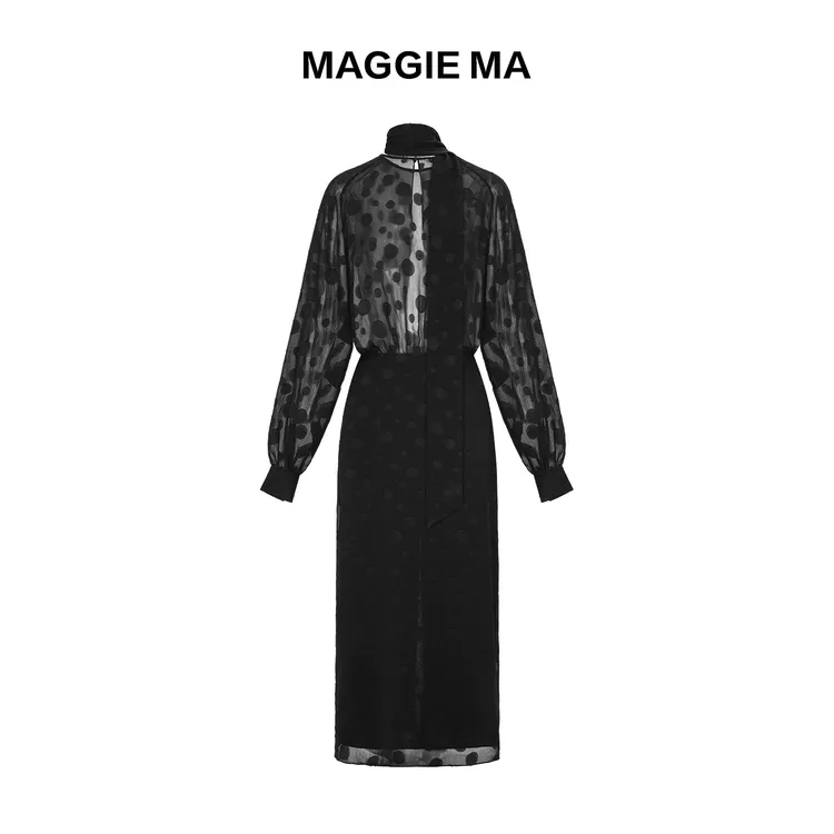 MAGGIE MA马婧设计师款优雅波点飘带收腰长裙148D