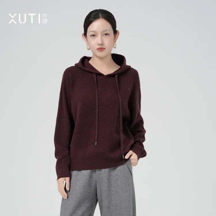 序缇新中式100%绵羊毛连帽上衣女秋季新款羊绒衫J36-21729