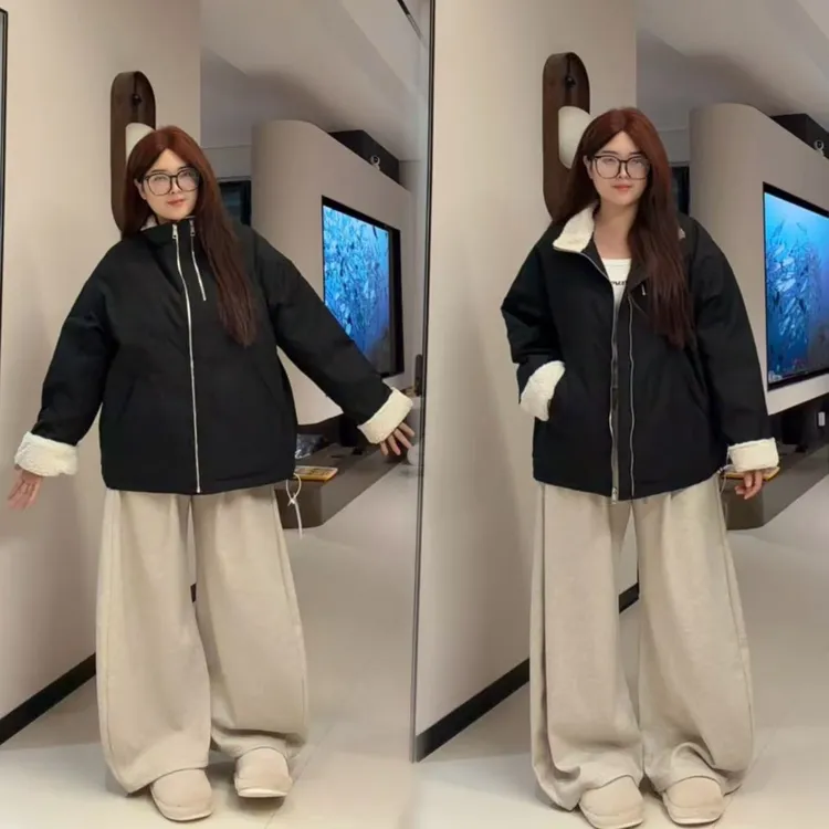 新款大码秋冬双拉链立领加厚通勤风外套休闲百搭加绒糯米裤套装