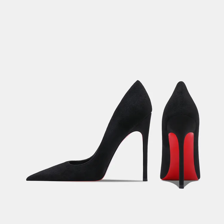 高品质绒面黑色高跟鞋女红底细跟尖头职业单鞋御姐风气质性感百搭