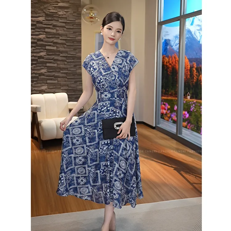 2025夏季新款【DD-X2579】印花短袖气质蓝色连衣裙通勤连衣裙优雅