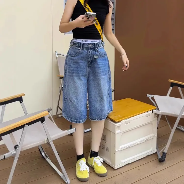 韩版高腰蓝色五分牛仔裤女2025夏季新款复古显瘦时尚百搭阔腿裤子