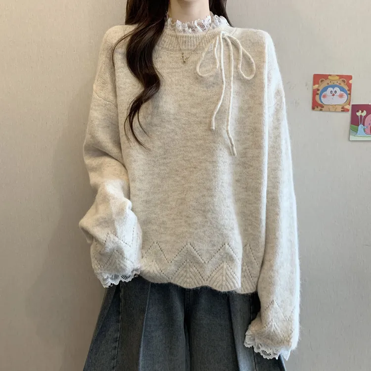 2025秋冬新款高级感蕾丝拼接打底针织衫毛衣女胖妹妹宽松显瘦上衣