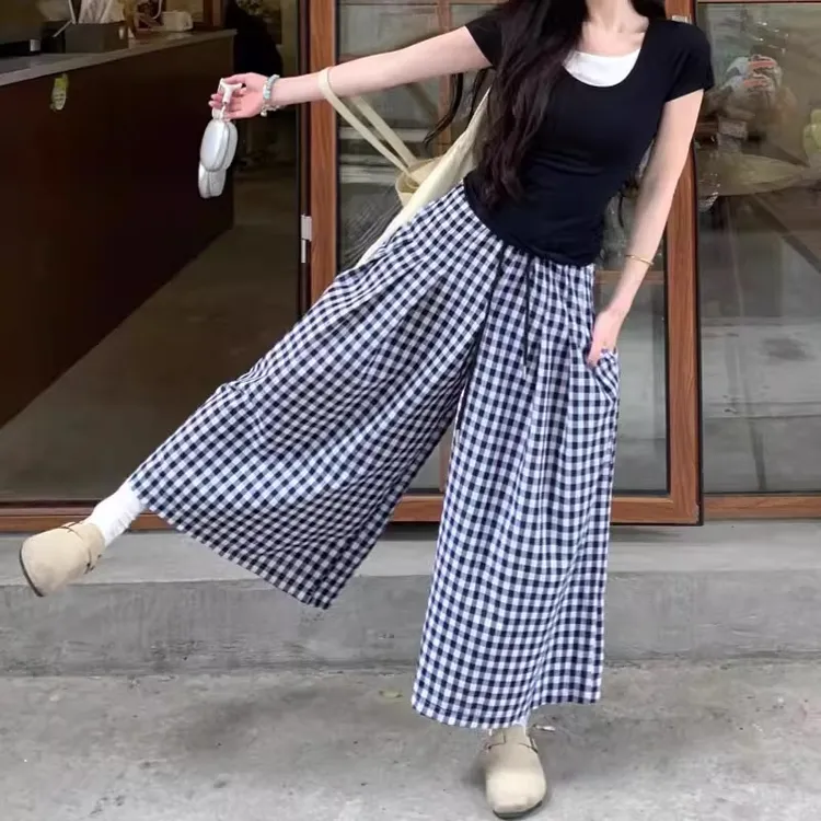 黑白格子裙裤女新款胖mm梨型身材宽松遮肚遮胯显瘦a字休闲阔腿裤