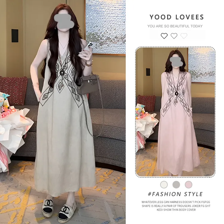 高级感老钱风背心连衣裙女夏季时尚气质无袖宽松显瘦刺绣V领长裙