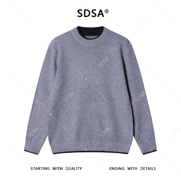 SDSA秋冬新款痞帅男装韩版简约撞色假两件圆领针织衫慵懒风毛衣