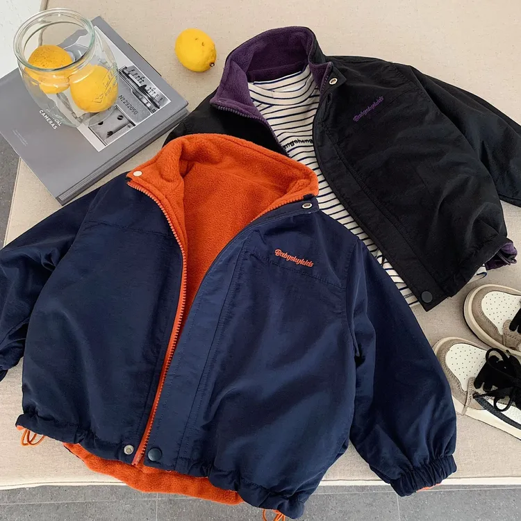 儿童加绒外套2025冬季新款男童潮牌两面穿上衣宝宝加厚棉服外套潮