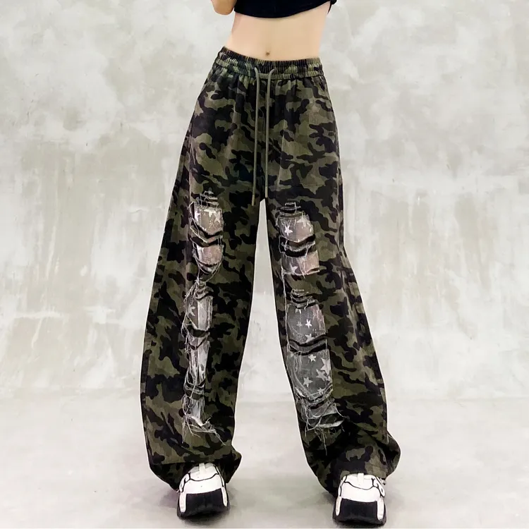 个性破洞设计迷彩休闲弯刀裤女夏新款高腰宽松显瘦百搭直筒香蕉裤