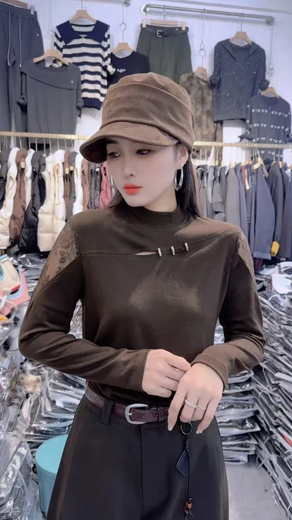欧货半高领长袖打底衫女2025秋季款韩版时尚蕾丝露肩百搭显瘦上衣