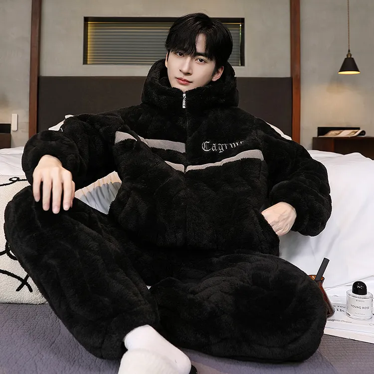 冬季睡衣男款珊瑚绒加厚加绒三层夹棉冬天新款连帽高档家居服套装