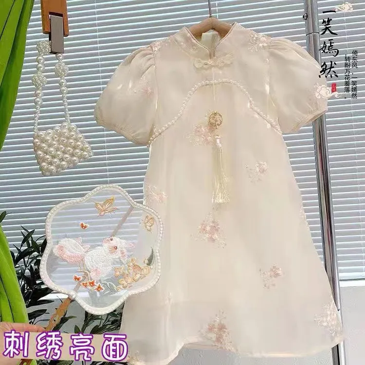 女童短袖连衣裙2025新款夏季中小童法式旗袍中国风泡泡袖公主裙潮