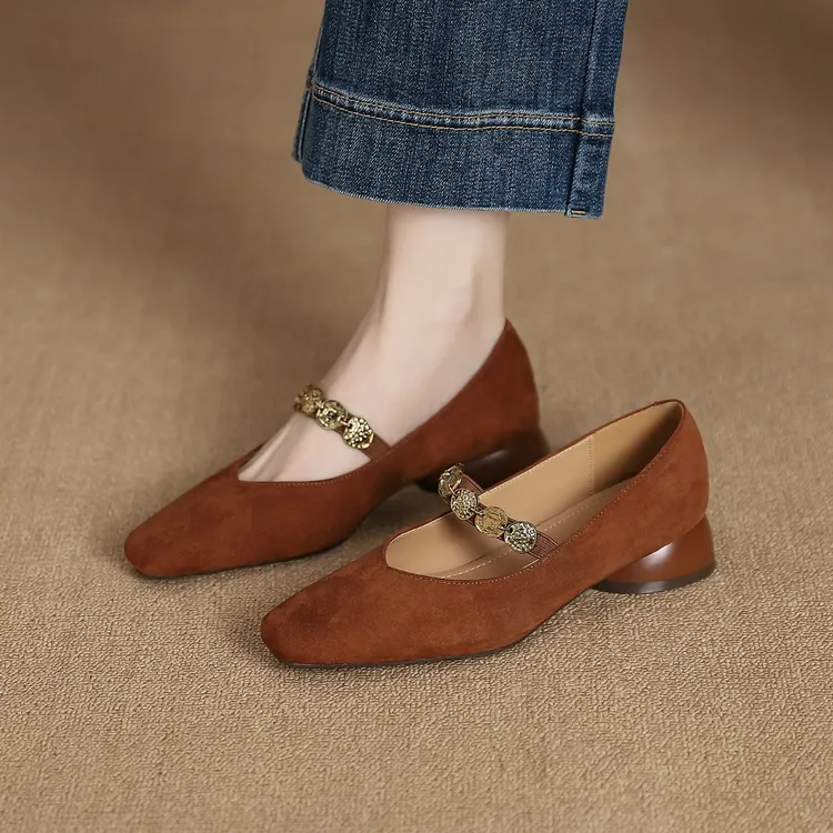 软面小方头金币链条气质玛丽珍女鞋舒适百搭浅口复古粗跟低跟单鞋