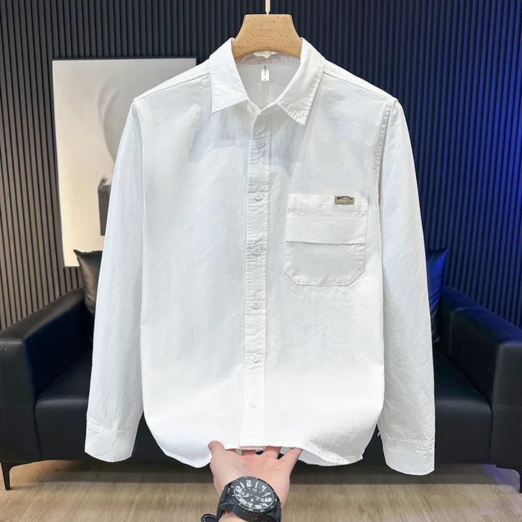 春秋季新款纯色工装长袖衬衫男宽松休闲潮流百搭翻领男装衬衣外套