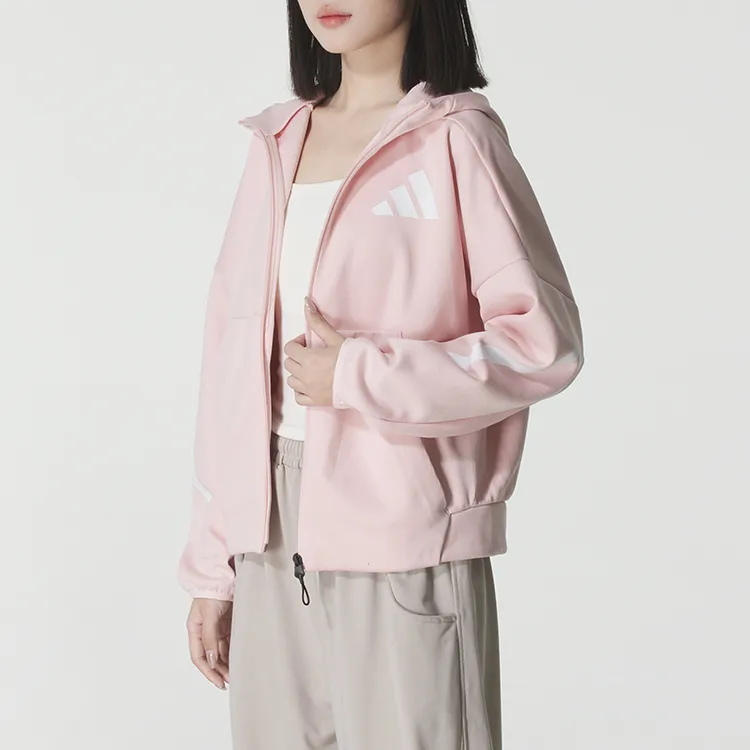 阿迪达斯外套女装2025秋季运动服健身训练宽松针织连帽夹克KC7905