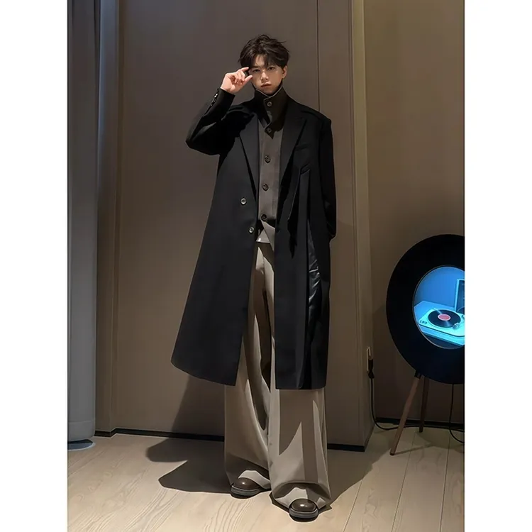 cleanfit黑色中长款风衣外套男秋冬季韩系穿搭驳领垫肩毛呢大衣