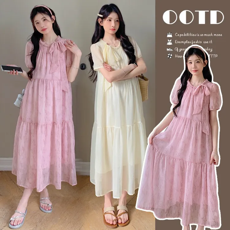 2025夏季法式蝴蝶结绑带设计感甜美宽松孕妇短袖连衣裙大码显瘦