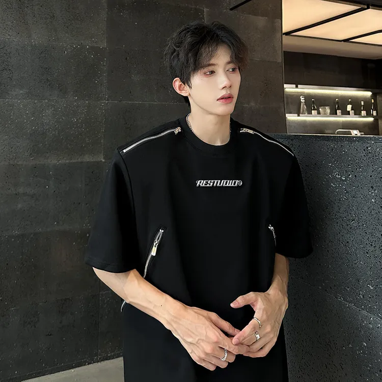 短袖拉链日常青年潮夏季春夏T恤印花潮流男款休闲宽松运动圆领