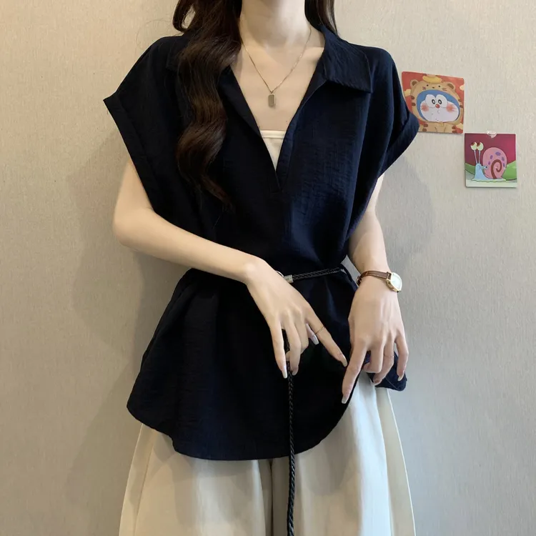 大码女装遮肚子假两件设计感V领短袖衬衫女夏季胖mm收腰显瘦上衣