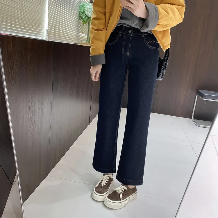 IMFLY金小金自制女装 薄绒牛仔裤DYK2873秋季韩系窄版直筒牛仔裤