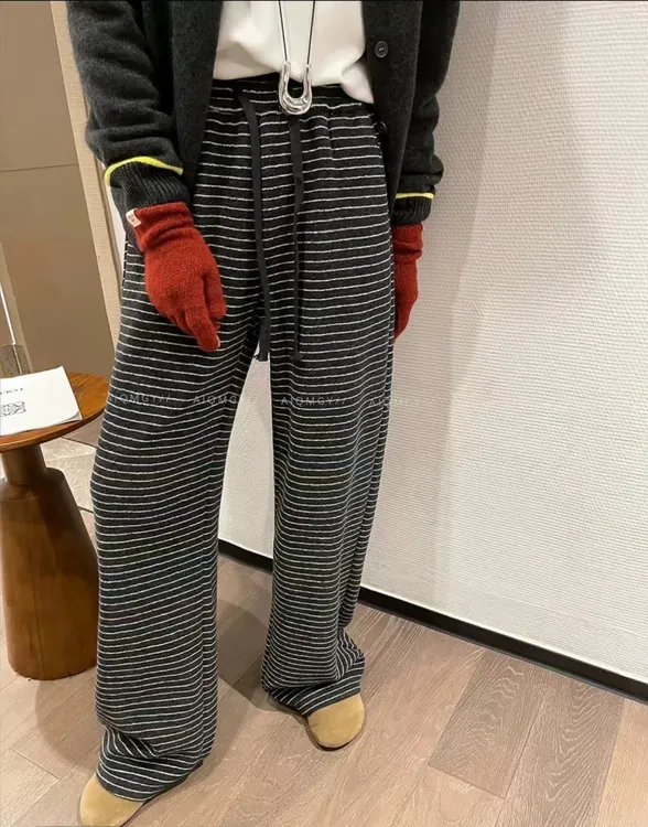 【2025】运动风秋冬时尚高腰加绒阔腿裤条纹针织休闲裤百搭加厚宽松