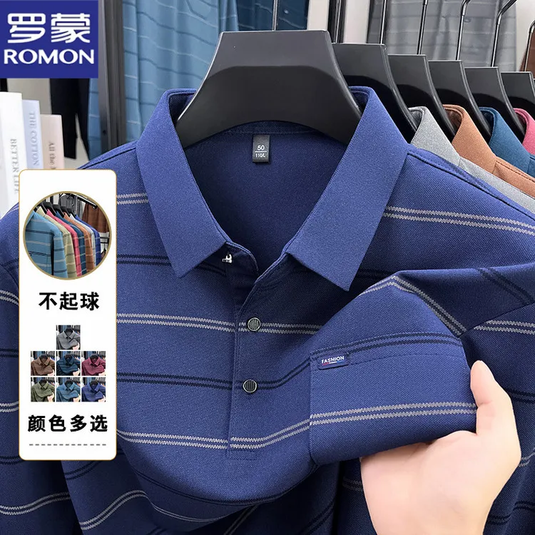 罗蒙2025男士秋冬季新款翻领条纹口袋款T恤休闲商务男装潮流上衣
