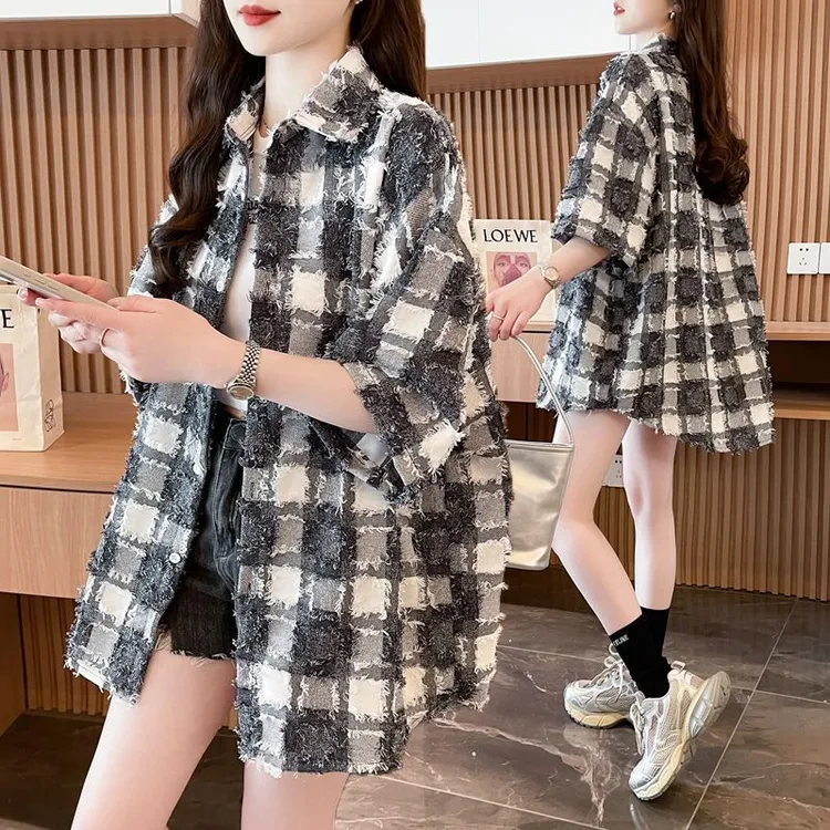 慵懒风polo领短袖格子衬衫女外穿夏季款宽松大码休闲百搭衬衣外套